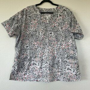 UA Scrubs White Pink and Black  Scrub Top Double Pockets Women's Size Large